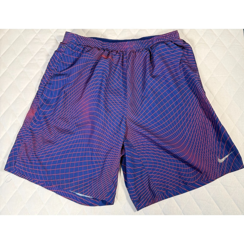 Nike Running Dri‑Fit Shorts Men's Medium Blue Red Grid Pattern Zip Pocket